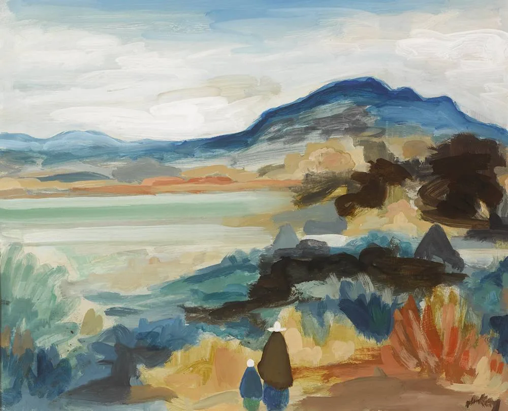CONTINENTAL LANDSCAPE WITH TWO FIGURES by Markey Robinson, oil on board, offered Sep 2019