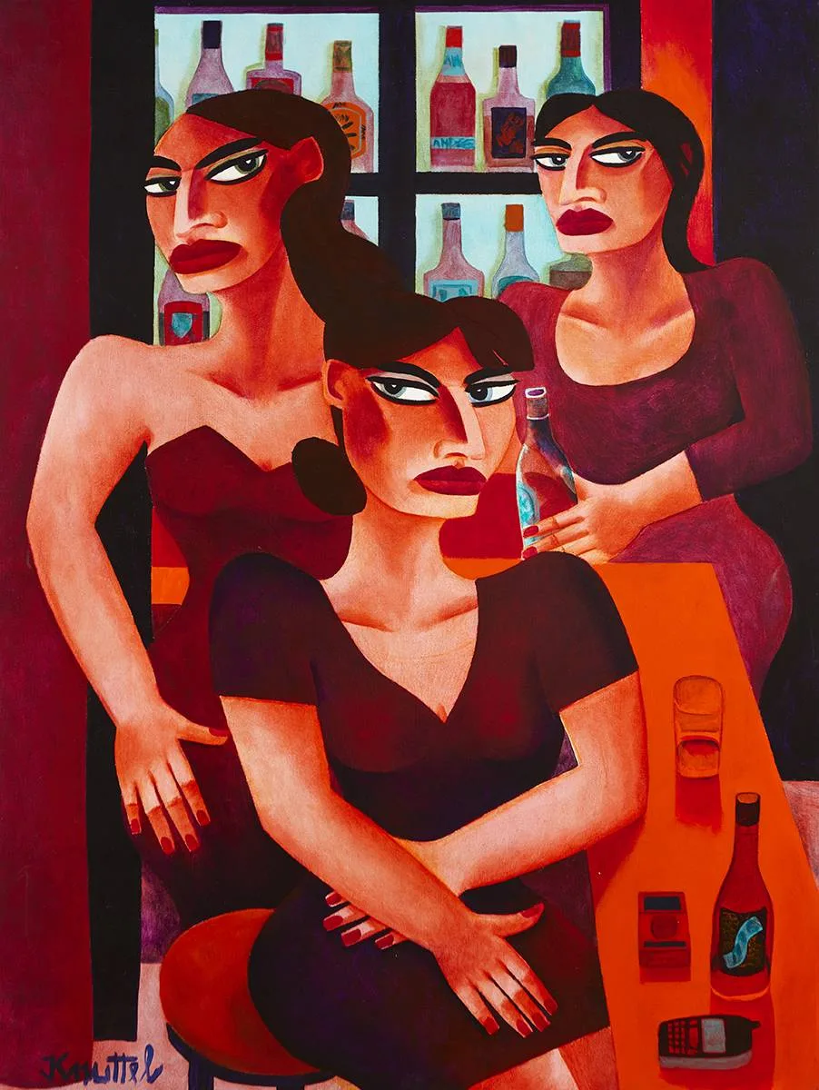 THREE WOMEN by Graham Knuttel, oil on canvas, sold Sep 2019