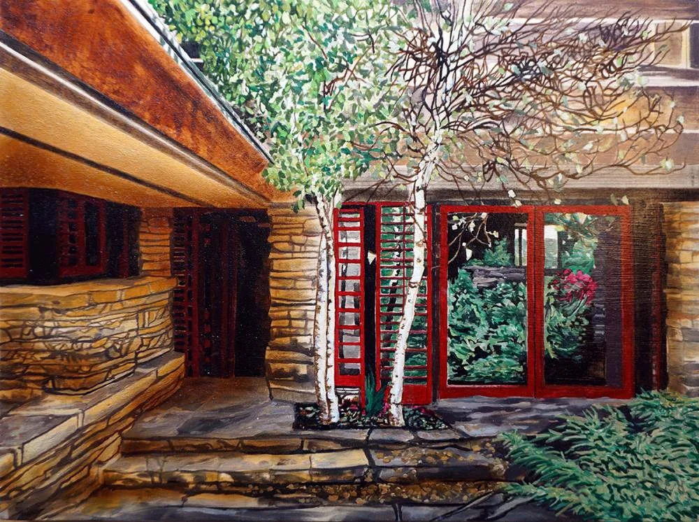 TALIESIN DOORWAY (FRANK LLOYD WRIGHT) by Eamon O'Kane, 2017, acrylic on board, sold Sep 2019