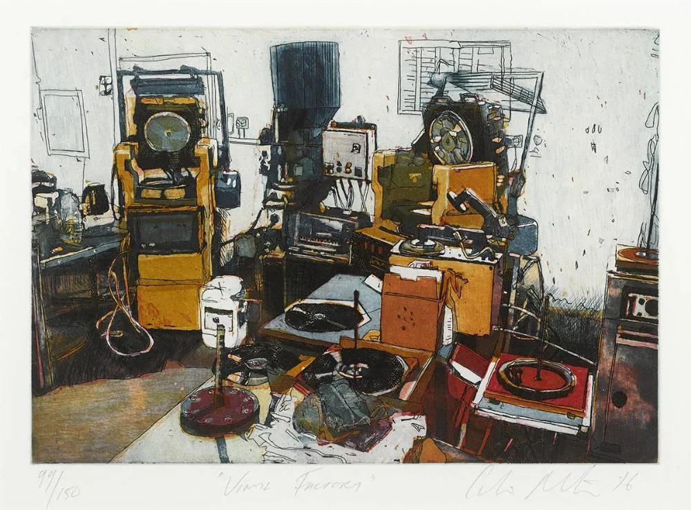 Colin Martin, VINYL FACTORY, 2016, etching; (no. 99 from an edition of 150)