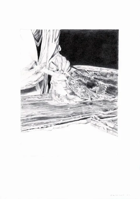 Brian Fay, BALDINI'S RESTORATION OF CIMABUE'S CRUCIFIXION 2, 2018, pencil on paper