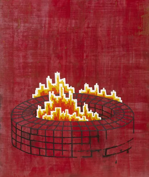 Nevan Lahart, TYRE FIRE, 2009, oil on panel; (unframed)