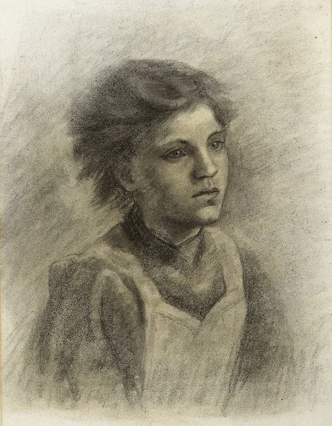 A YOUNG SERVANT GIRL IN A PINAFORE by Countess Markievicz Constance Gore-Booth, charcoal and white chalk on tinted paper, sold Mar 2019