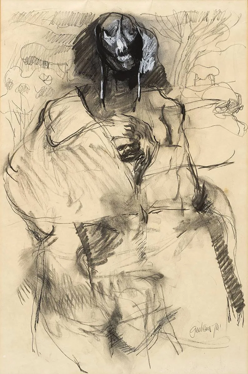 UNTITLED by Patrick Graham, 1974, charcoal and mixed media, sold Mar 2019