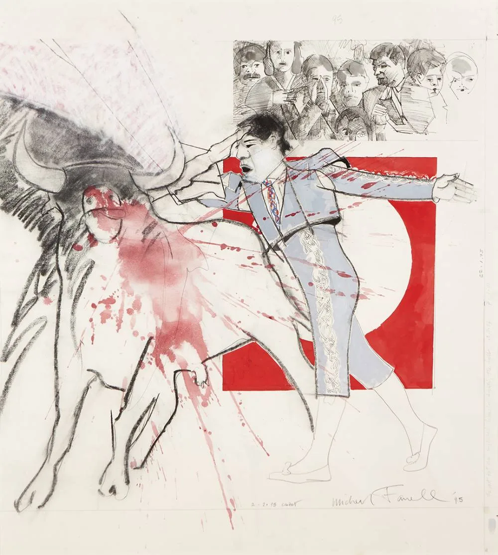 Micheal Farrell, THE LAST BUT ONE MYTHICAL HIBERNIAN FIGHTING THE BULL, 1994/95, pencil, pastel and watercolour