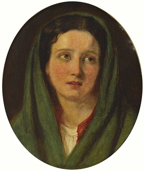 William Gale, PORTRAIT OF OF A GIRL IN A GREEN SHAWL, oil on board; (oval)