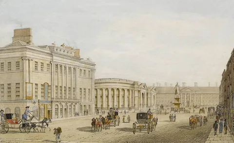 Samuel Frederick Brocas, VIEW OF COLLEGE GREEN AND TRINITY COLLEGE, DUBLIN 1818, ink and watercolour