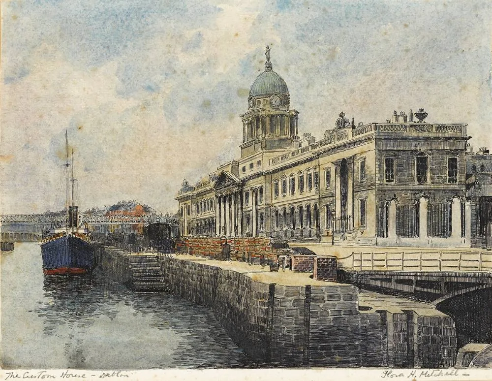 THE CUSTOMS HOUSE, DUBLIN by Flora Mitchell, ink and watercolour, sold Mar 2019