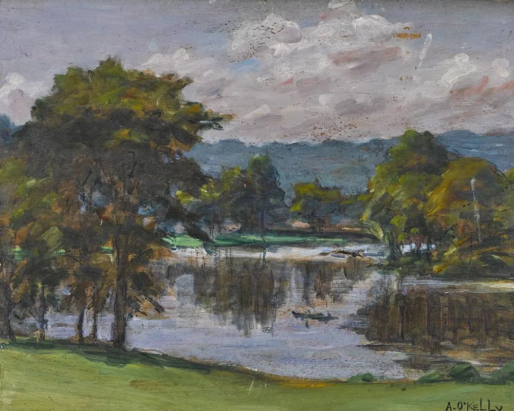 RIVER AND TREES by Aloysius C. O'Kelly, oil on board, sold Mar 2019