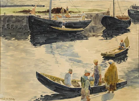 Micheál de Burca, LOADING TURF AT CARRAROE FOR THE ARAN ISLANDS, watercolour