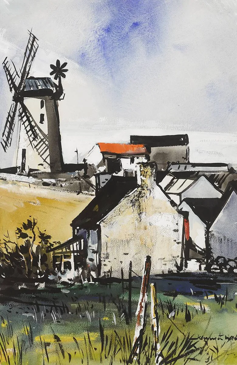BALLYCOPELAND WINDMILL, COUNTY DOWN by Kenneth Webb, ink and gouache with watercolour, sold Mar 2019