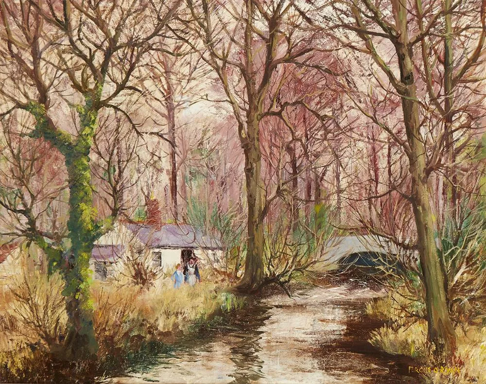 FIGURES AND RIVERSIDE COTTAGE by Fergus ORyan, oil on board, offered Mar 2019
