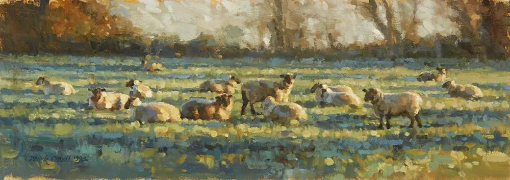 SHEEP GRAZING by Mark O'Neill, 1999, oil on board, sold Mar 2019