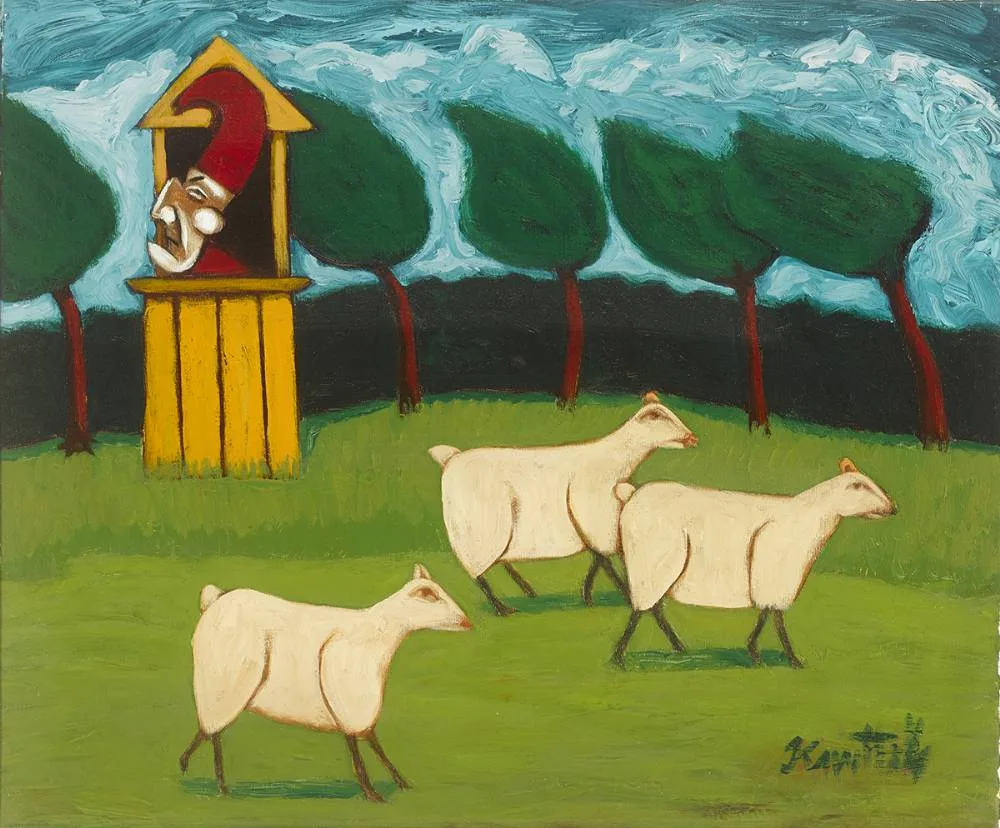 MR. PUNCH AND THREE SHEEP by Graham Knuttel, oil on canvas, sold Mar 2019