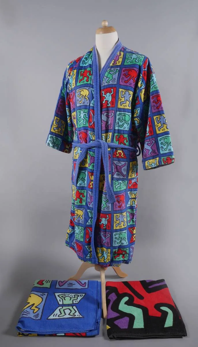 BATHROBE & TWO TOWELS by Keith Haring, 1982, bathrobe; (1); towels; (2), sold Dec 2018