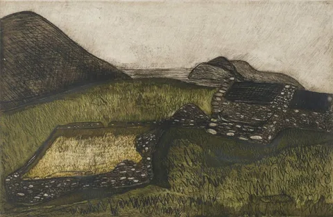 Maria Simonds-Gooding, LONE DWELLING, INISICILEÁIN, etching; (no. 4 from an edition of 60)