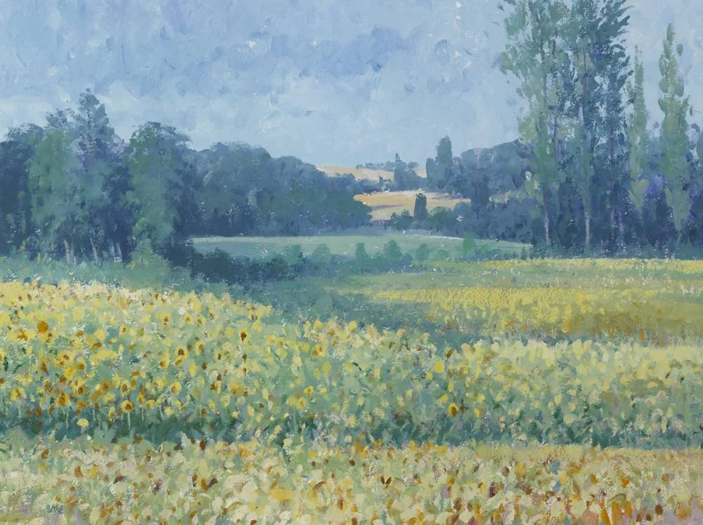 SUNFLOWER FIELDS by Brett McEntagart, oil on board, sold Dec 2018