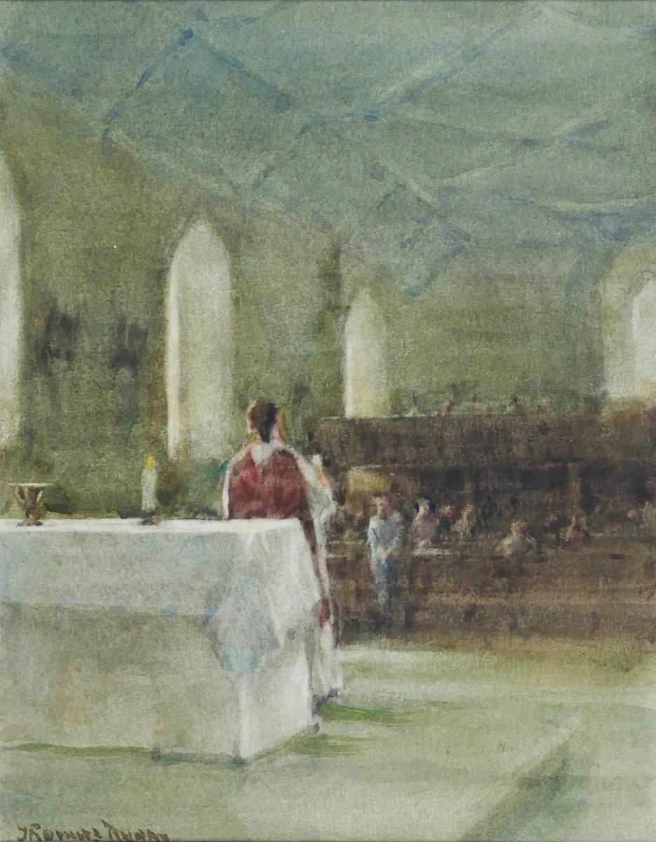 CHURCH SCENE by Thomas Ryan, watercolour, sold Dec 2018