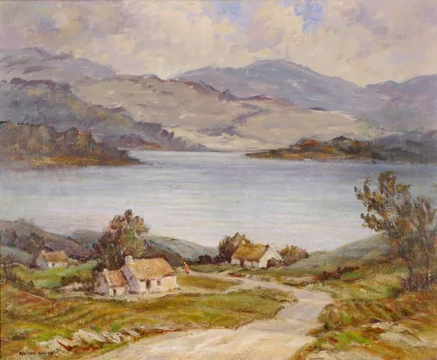 LANDSCAPE WITH COTTAGES BY WATER by Padraic Woods, oil on canvas, sold Dec 2018