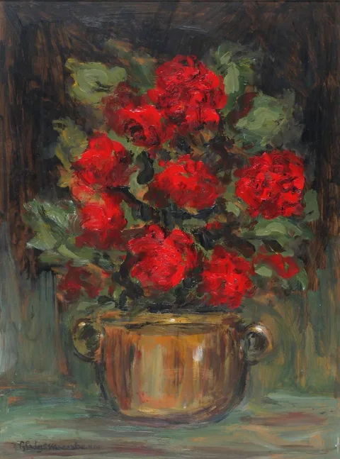 GERANIUMS IN A BRASS DISH by Gladys Maccabe, oil on board, sold Dec 2018