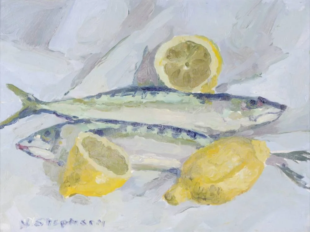 MACKEREL FOR TEA by Nuala Stephenson, oil on board, offered Dec 2018