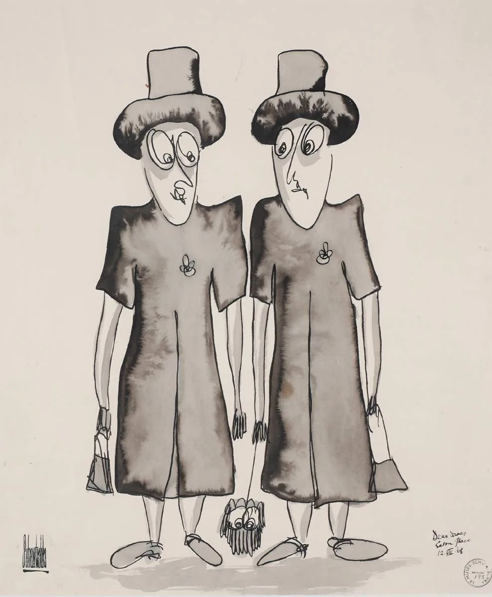 John Schwatschke, DEUX DAMES, EATON PLACE, LONDON, 1968, ink on paper