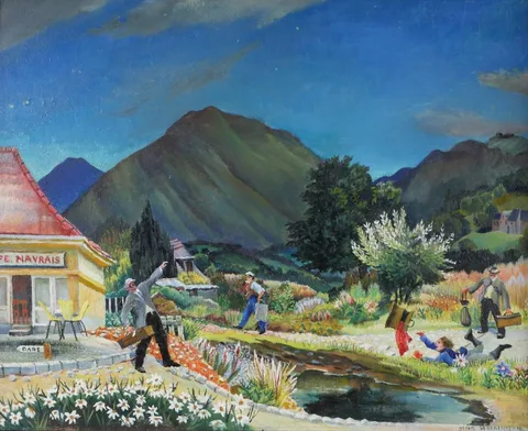Sine MacKinnon, VITE! LE TRAIN ARRIVE, oil on board