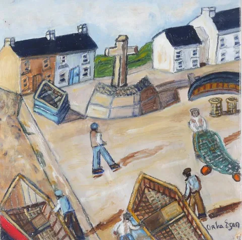 Orla Egan, HAULING UP THE BOATS ON TORY ISLAND, COUNTY DONEGAL, oil on panel