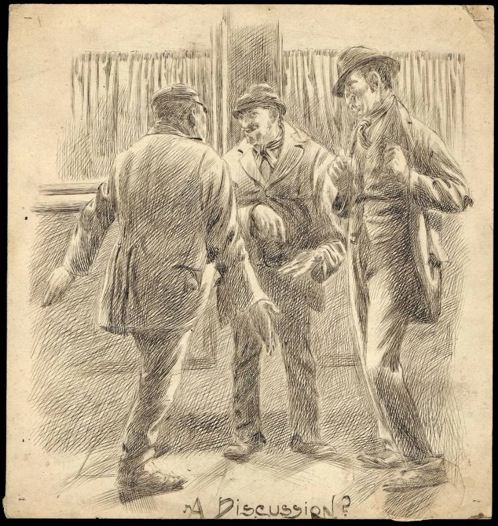 'A DISCUSSION?' by William Conor, pen and ink on card, sold Dec 2018
