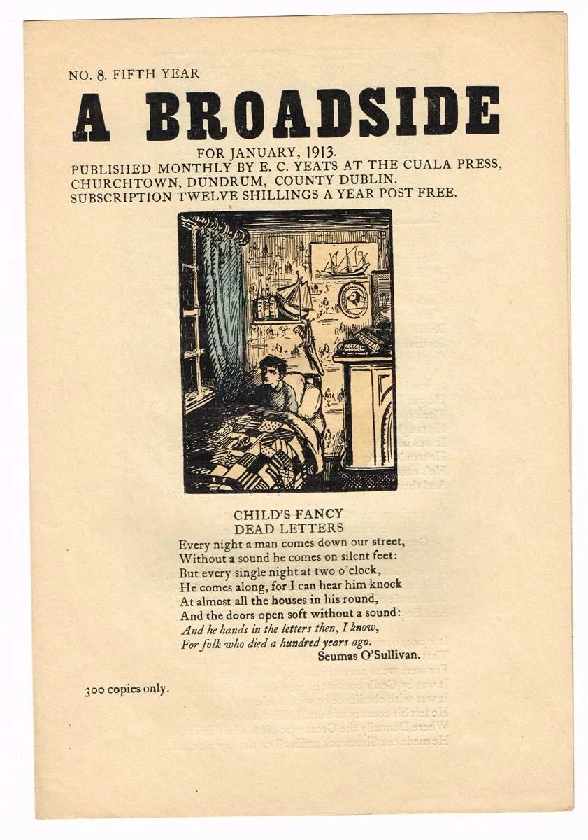 A BROADSIDE - EIGHT ISSUES by Jack Butler Yeats, 1909-1913, hand-coloured Cuala Press prints; (from a limited edition of 300); (8); (unframed), sold Dec 2018