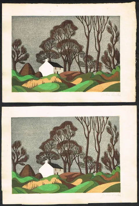John Luke, FARMHOUSE, BALLYAGHAGAN, 1940 (A PAIR), woodblock in colour ;(2) (unframed)