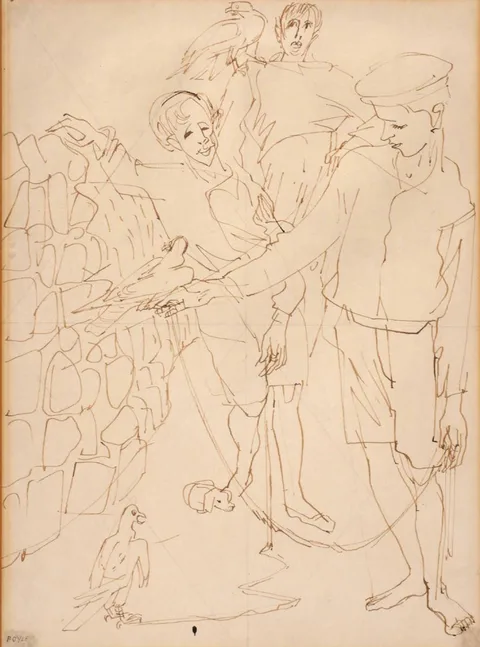 Alicia Boyle, TWO FIGURES AND BERTHED VESSEL and BOYS WITH HAWKS, 1958 (A PAIR), oil on canvas; (1); ink; (1)