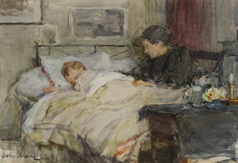 AT A CHILD'S BEDSIDE by Walter Osborne, 1898, watercolour, sold Oct 2018