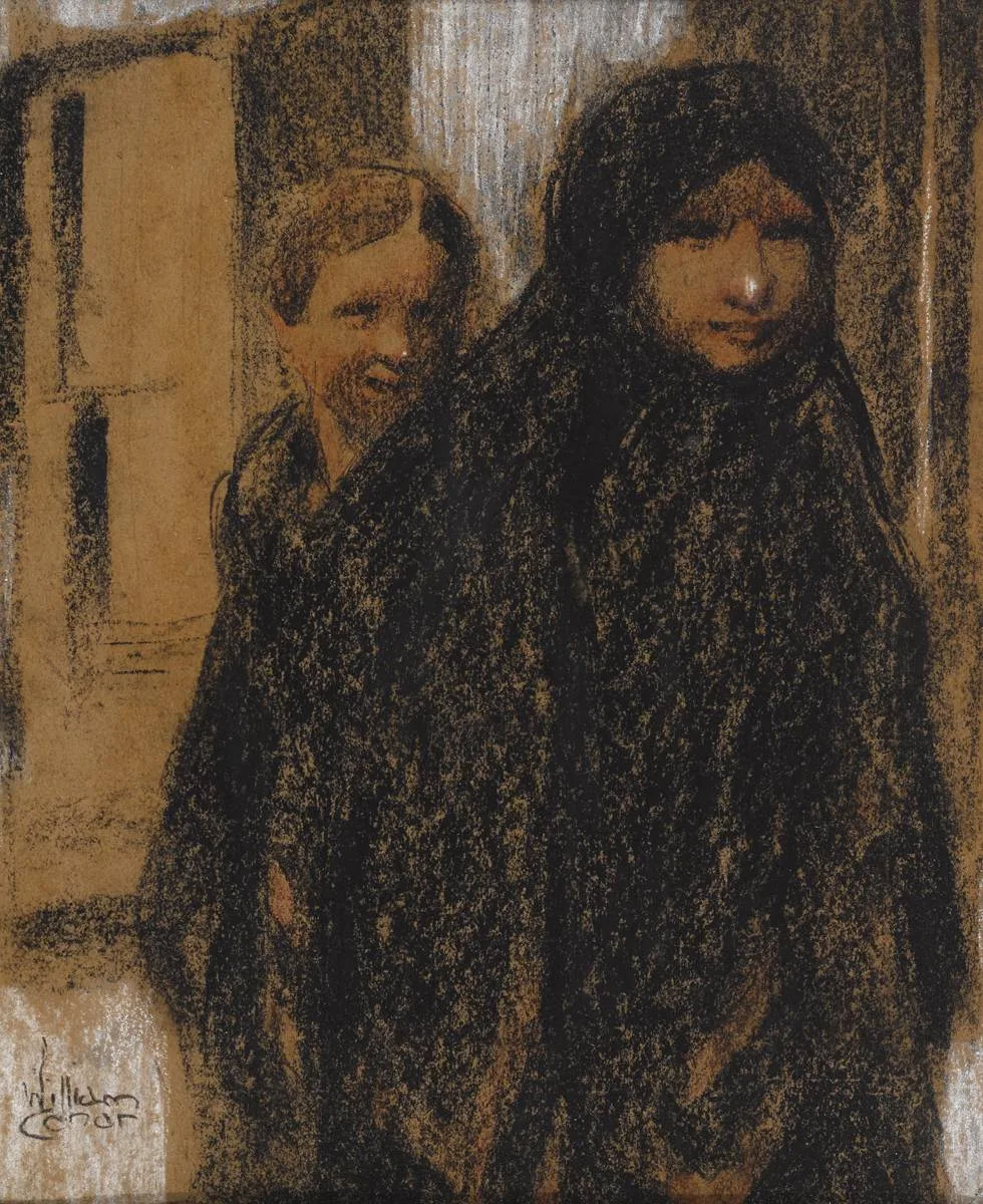 William Conor, TWO FIGURES, crayon on tinted card