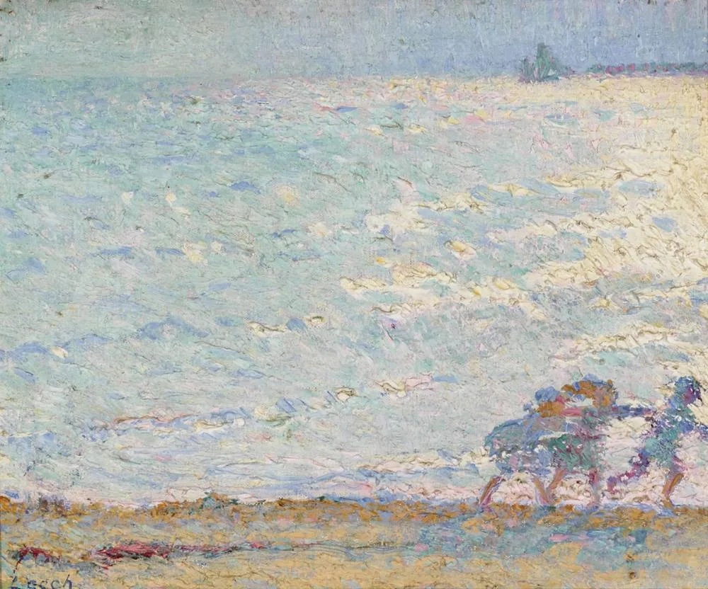 CHILDREN ON THE BEACH WITH BREAKERS by William John Leech, 1912, oil on canvas, sold Oct 2018