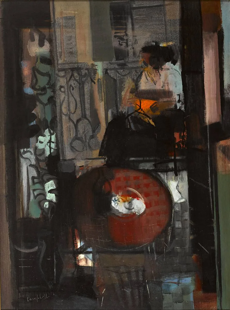 AT WORK ON THE BALCONY by George Campbell, oil on board, sold Oct 2018