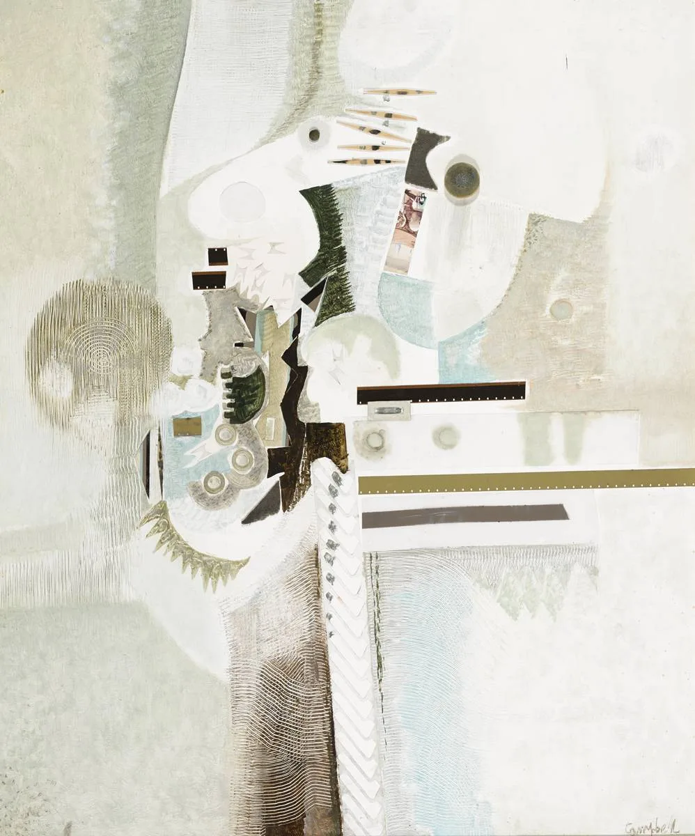 HAPPY COMPLEXITY by George Campbell, oil on board with collage, sold Oct 2018