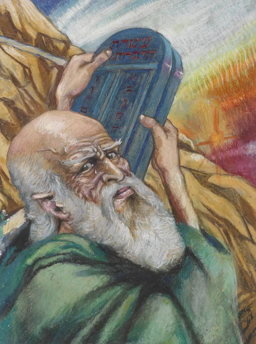 MOSES AND THE TEN COMMANDMENTS by Harry Kernoff, 1967, pastel, offered Oct 2018