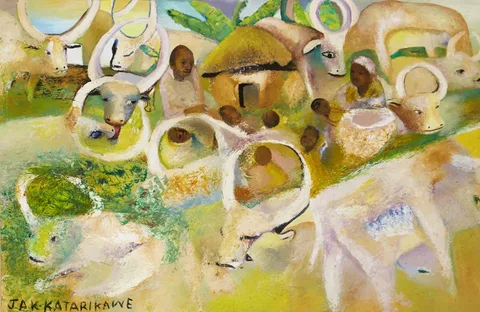 VILLAGE WITH CATTLE by Jak Katarikawe, oil on paper laid on board, offered Oct 2018