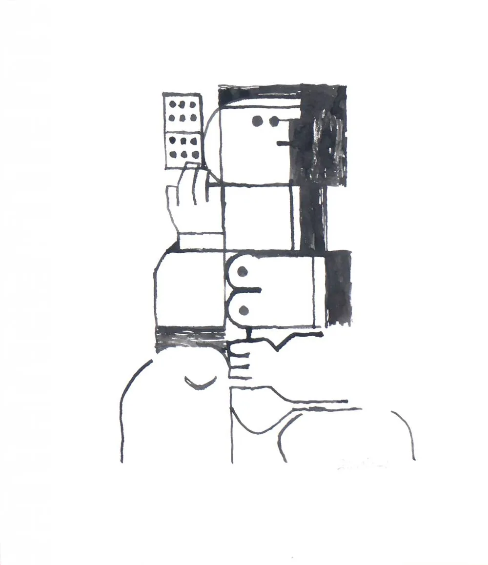 THE CARD PLAYER by Colin Middleton, 1971, ink, sold Jul 2018