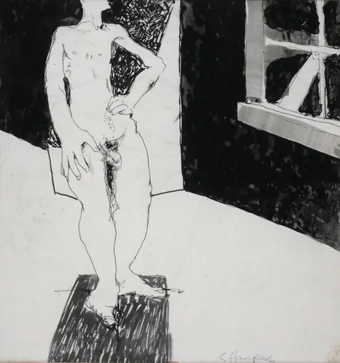MALE MODEL by Charles Harper, pen and ink, sold Jul 2018