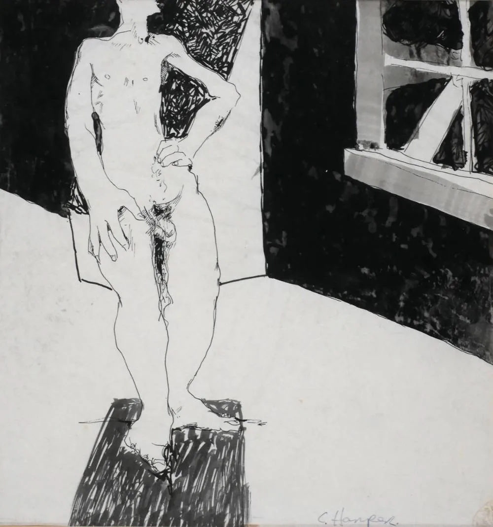 MALE MODEL by Charles Harper, pen and ink, sold Jul 2018