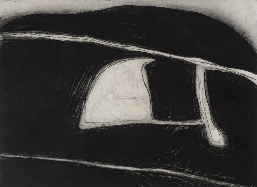 ENCLOSURE ON A MOUNTAIN by Maria Simonds-Gooding, 1989, etching; (working proof), sold Jul 2018