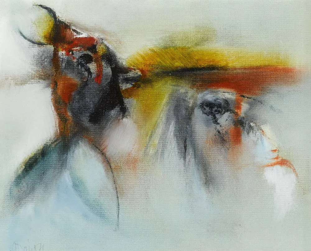 DANCER AND AUDIENCE by Gerald Davis, 1976, oil on canvas board, sold Jul 2018
