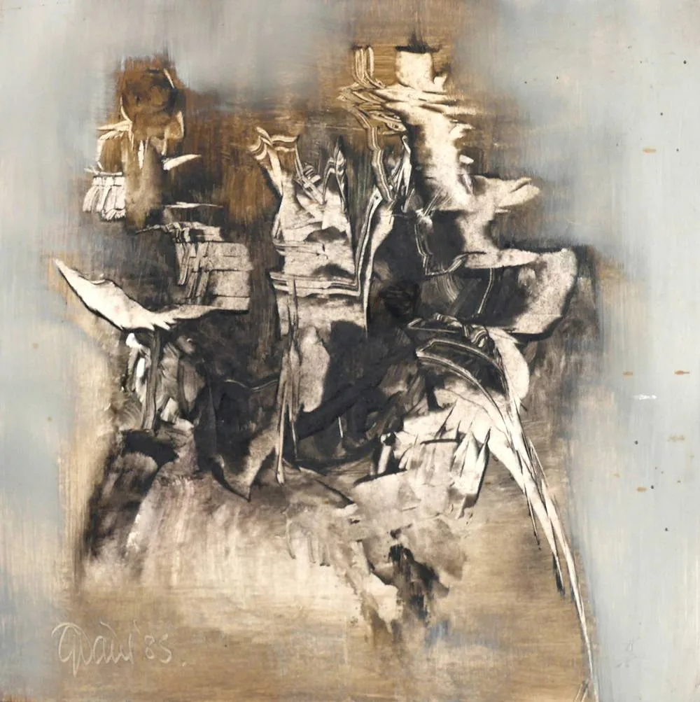 Gerald Davis, ANCIENT FORMS I, 1985, oil on board
