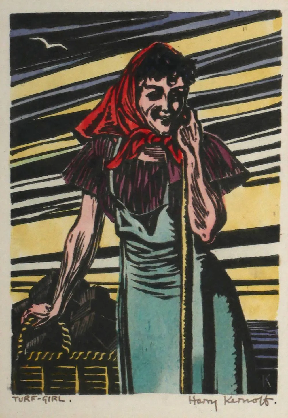 TURF GIRL by Harry Kernoff, hand-coloured woodcut, sold Jul 2018