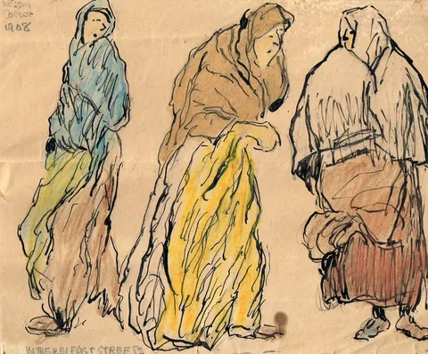 William Conor, IN THE BELFAST STREETS, 1908 and MEETING AT THE CUSTOM HOUSE STEPS, 1909 (A PAIR), ink and crayon; (mounted but unframed)