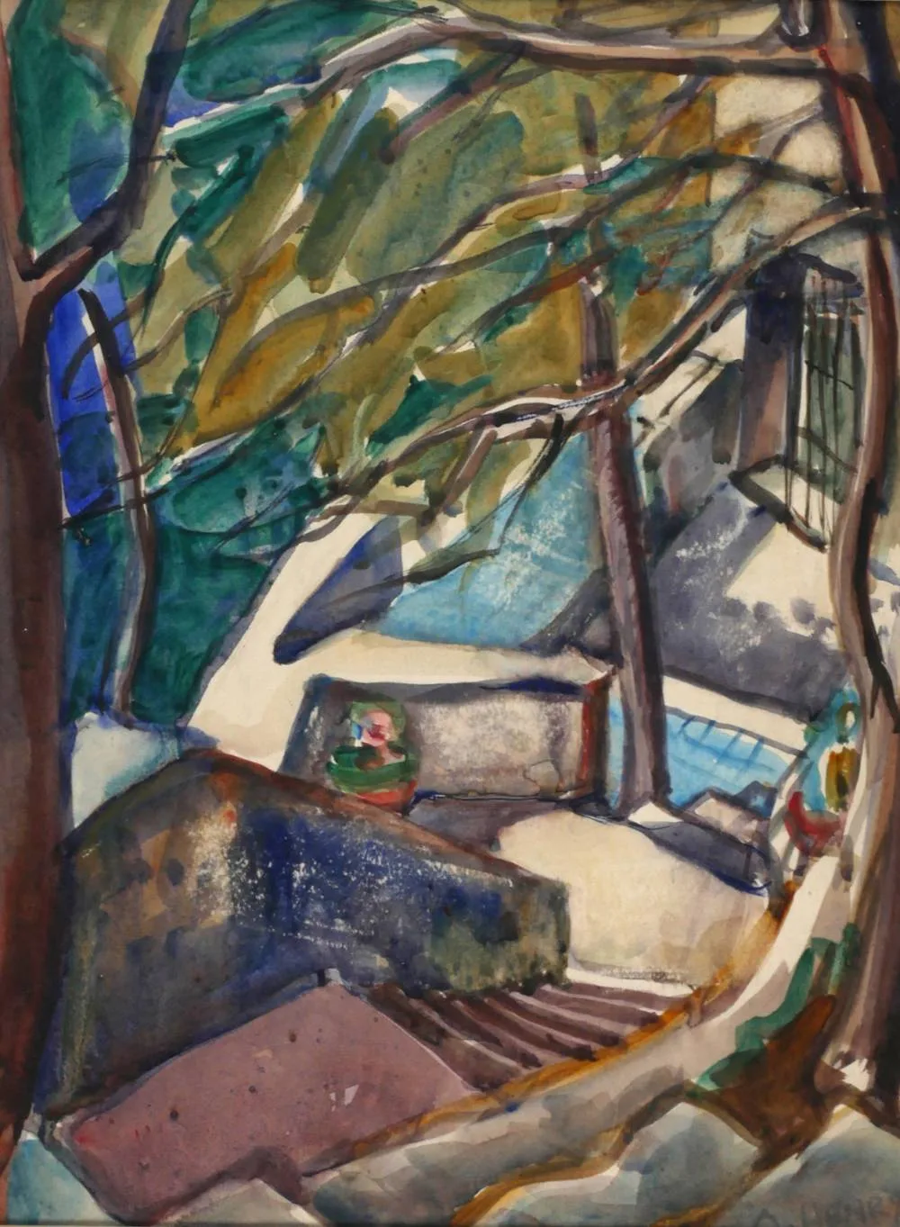 Olive Henry, VIEW OVER AN ENCLOSED YARD, watercolour