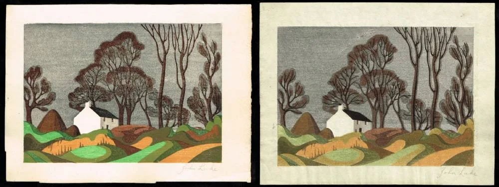 FARMHOUSE, BALLYAGHAGAN by John Luke, 1940, woodblock in colours; (2); (one trial proof), sold Jul 2018