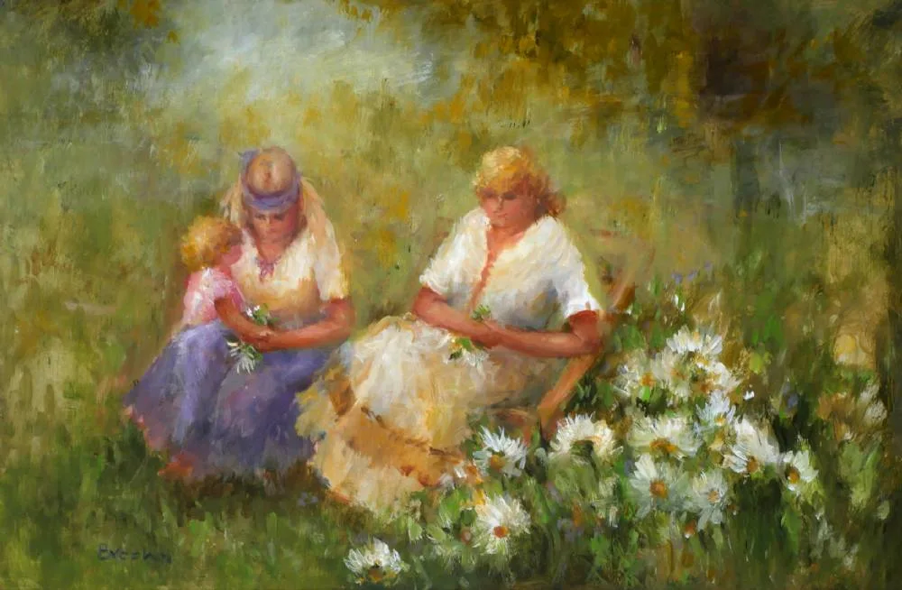 PICKING FLOWERS by Elizabeth Brophy, oil on board, offered Jul 2018